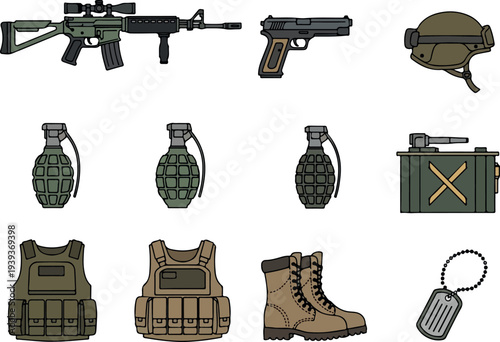 Military equipment and accessories illustration featuring guns, grenades, and tactical gear from a straightforward viewpoint