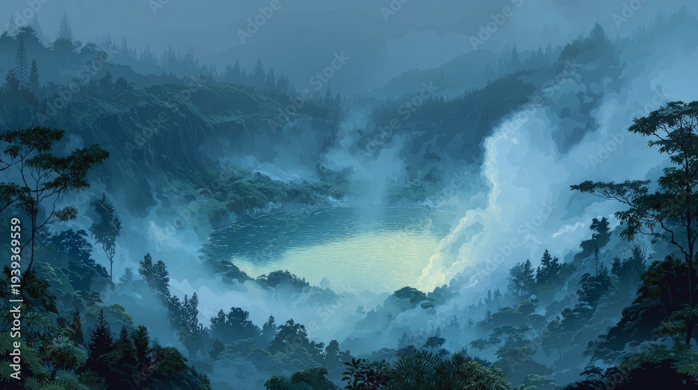 Obraz premium Serene Floating Lake View with Misty Mountains and Lush Green Forest