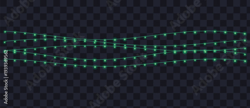 Three wavy strings of glowing green fairy lights illuminate a dark transparent checkered background