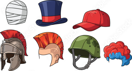 Hat and helmet collection including bandage head Roman warrior helmet mohawk hair military helmet baseball cap and clown wig vector illustration