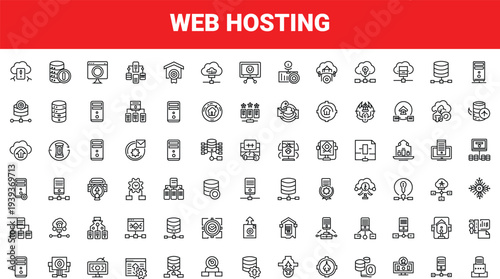 Web hosting services icons set with global network and technology elements vector illustration