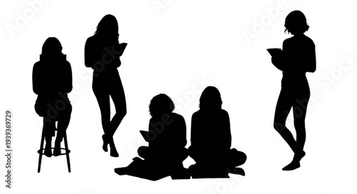 Silhouettes of five people reading or using devices