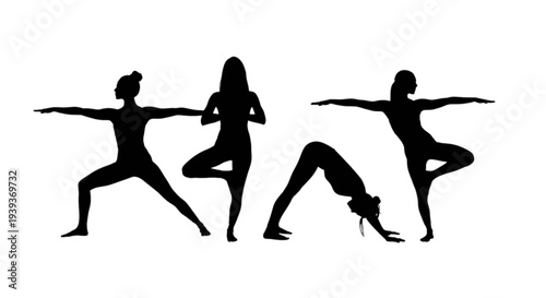 Three women in yoga poses silhouette