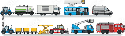 Various vehicles and machines for industrial and emergency services on a white background are showcased in a digital illustration from a straightforward viewpoint.