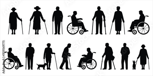 Silhouettes of elderly people with canes and in wheelchairs, some with dogs, on white background seniors