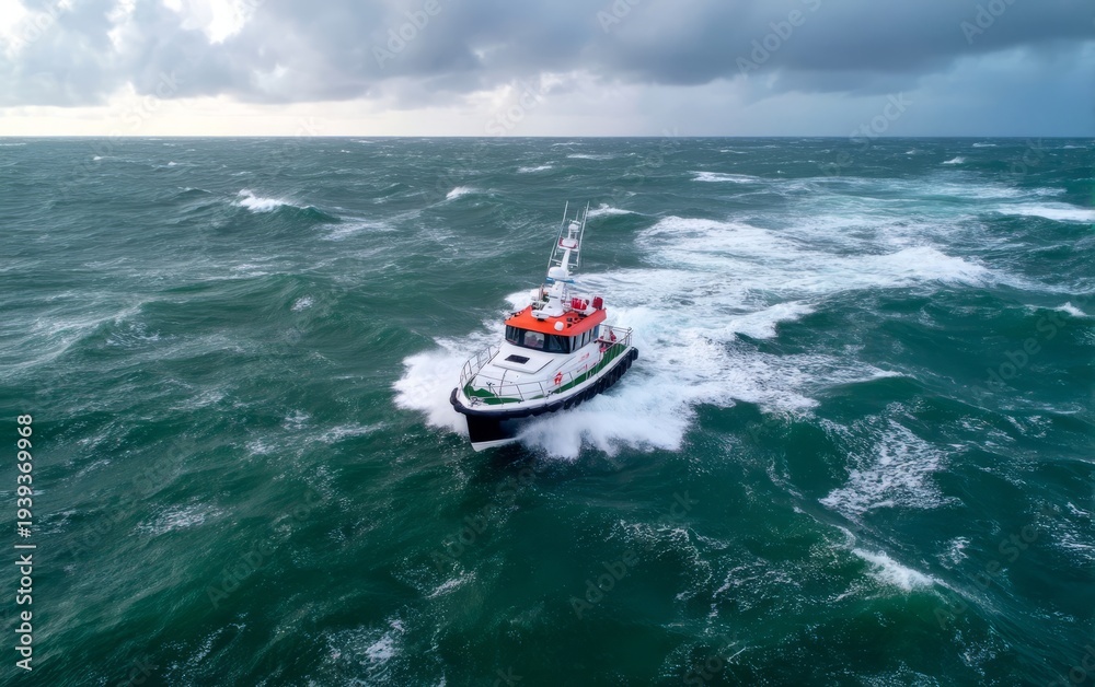 Fototapeta premium Aerial View of Boat Navigating Violent Stormy Seas with Turbulent Waves