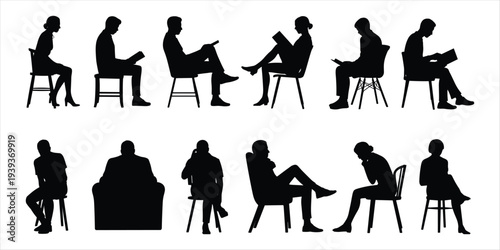 Silhouettes of men and women sitting and reading in various poses people woman