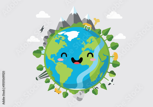 Vector illustration of children and people around a green eco earth globe with trees and flowers representing a global nature environment concept