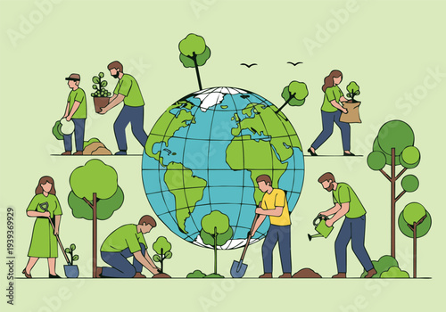 A global 3d illustration of children from around the world holding hands around a green earth globe to promote peace and environmental nature