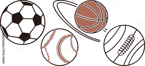 Set of various sports balls including soccer, basketball, baseball and football