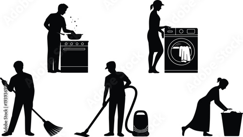 Silhouettes of People Engaged in Household Chores Including Cooking and Cleaning vector illustration