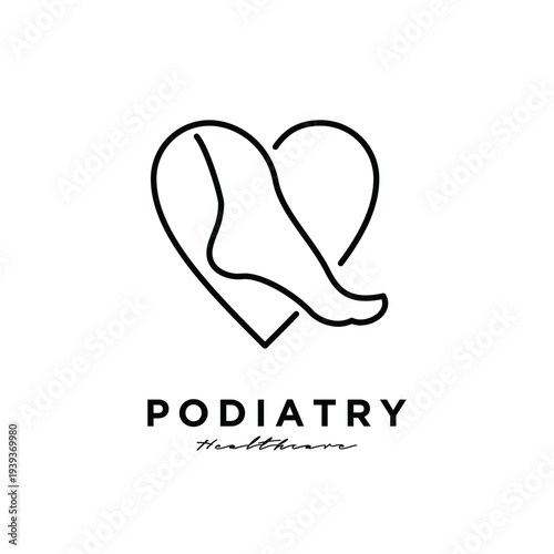 Podiatry Healthcare Logo: Human Foot in Heart Shape, Minimalist Line Art Icon for Foot Care Clinic Branding
