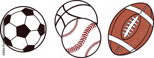 Collection of various sports balls including soccer, basketball, baseball and football