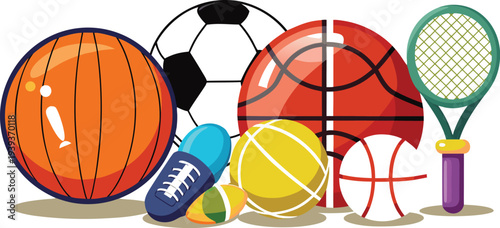 Set of various sports equipment including balls and a tennis racket