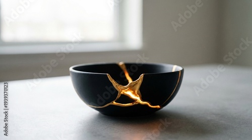 Elegant black ceramic bowl repaired with gold lacquer using the Kintsugi technique.