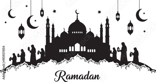 Ramadan mubarak greeting with a silhouette of a mosque and crescent moon