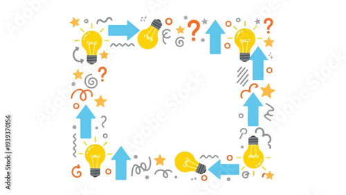 Colorful illustration of lightbulbs, arrows, and question marks arranged in a square border on a white background with a creative and thoughtful mood.