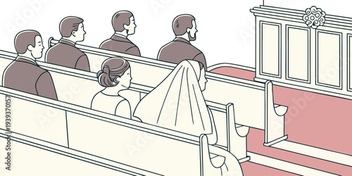 Illustration of a wedding ceremony with guests sitting in church pews