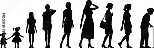 Silhouettes of People Showing Different Ages and Genders White Background life stages