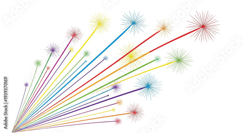 Colorful illustration of multicolored lines and sparks radiating from a single point on a white background with a vibrant and dynamic mood.