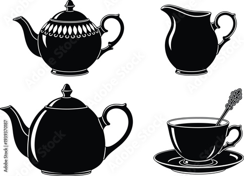 Tea service silhouette icons with teapot, pitcher, teacup, saucer, spoon, traditional design, beverage, drinkware, kitchenware, culture, hospitality, elegant illustration