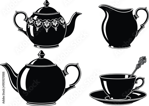 Tea service silhouettes featuring decorative teapot, pitcher, cup with saucer and spoon vector illustration for culture, tradition, beverage, kitchen design