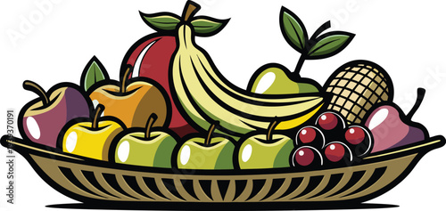 Colorful cartoon fruit bowl illustration with assorted fresh fruits