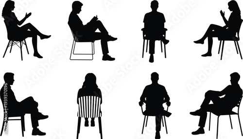 Silhouettes of People Sitting in Chairs in Various Poses vector illustration