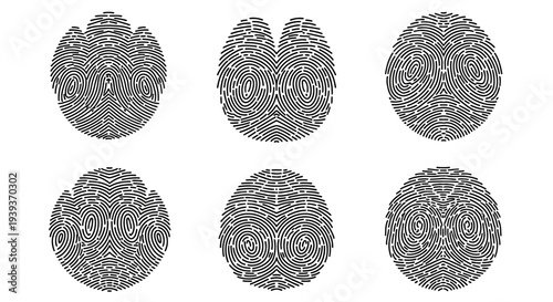Abstract Fingerprint Patterns: Six Unique Circular Designs in Black and White