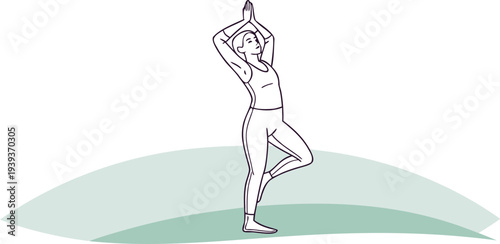 Woman practicing yoga tree pose, line art illustration