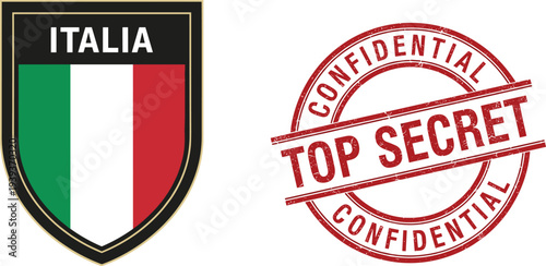 Italy shield badge with Italian flag and confidential top secret stamp emblem security label government classified vector illustration set