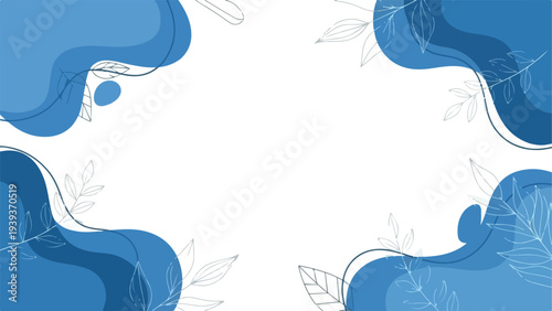Abstract background with blue shapes and leaf outlines on a white surface, featuring a modern design with a calming mood.
