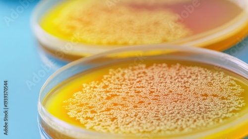 Close-up view of diverse microbial colonies flourishing in vibrant yellow agar within laboratory petri dishes, showcasing intricate growth patterns.