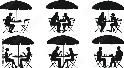 Six couples dining at outdoor cafe tables with umbrellas in silhouette vector illustration