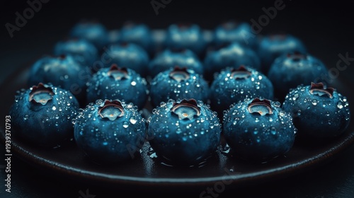 Macro photograph of ripe plump blueberries glistening with dew droplets in clusters on a dark surface