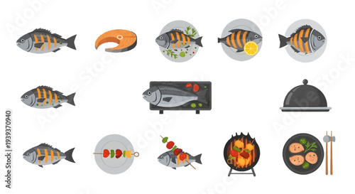Grilled Fish and Seafood Vector Set for Restaurant Menu and BBQ Concept