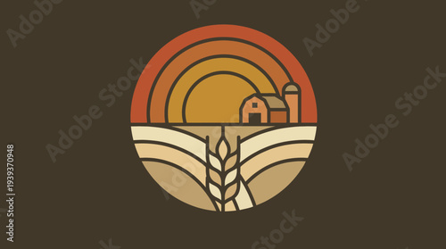 This vintage-inspired landscape logo combines a sun, farm, and wheat fields, creating a nostalgic feel while promoting agriculture and rural lifestyle.