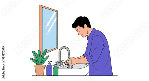 Man washing hands in bathroom with soap and water.