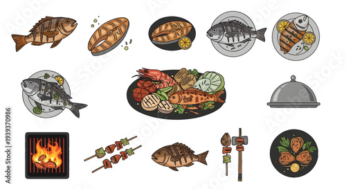 Grilled Fish and Seafood Barbecue Vector Illustration Set with Salmon Steak, Skewers, and BBQ Grill Elements