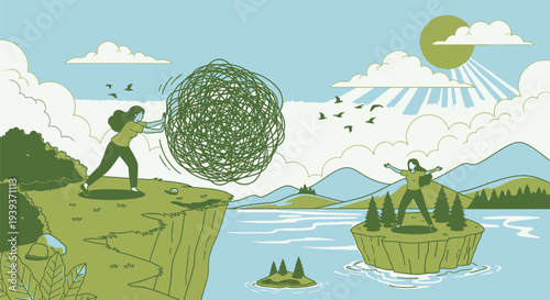 Man standing on cliff throwing tangled ball to another man on island.