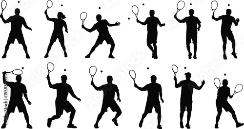 Twelve tennis player silhouettes in dynamic action poses, racket and ball illustration, sports motion concept, athletic performance detail