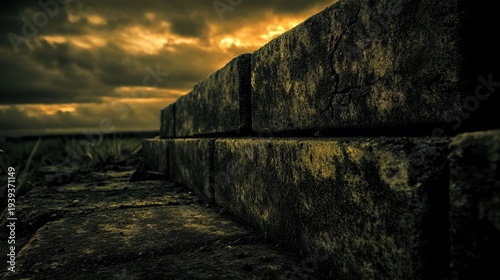 Rough Textured Stone Wall Under Dramatic Twilight Sky