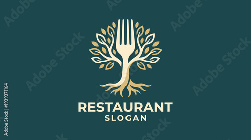 This image features a unique logo depicting a fork and tree, symbolizing the fusion of nature and cuisine, perfect for conveying the essence of a restaurant's identity.