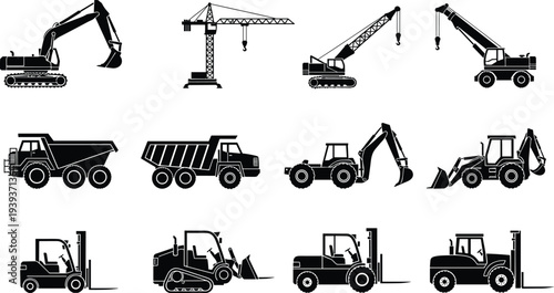Vector illustration of stylized construction vehicle silhouettes symbolizing industry, engineering, identity, diversity, culture, tradition, inclusivity, and education