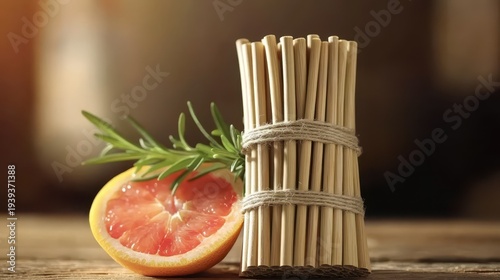 Natural bamboo drinking straws with fresh grapefruit and rosemary arranged on a rustic wooden surface