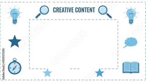 Flat lay of a creative content template with various icons and symbols on a white background.