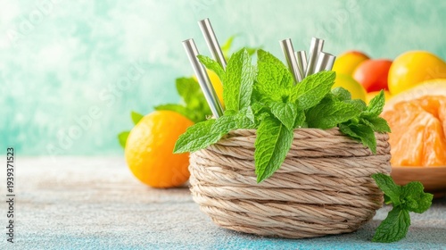 Reusable Stainless Steel Straws With Fresh Mint and Oranges Nestled in a Woven Basket