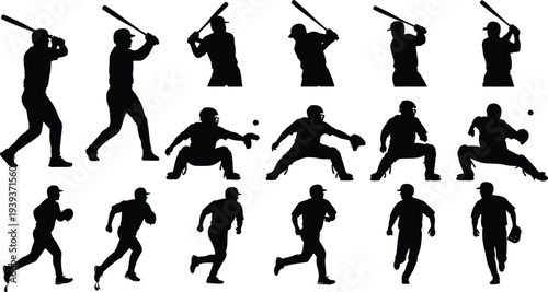 Vector illustration of baseball player silhouettes in batting, fielding, catching, throwing, and running poses symbolizing sport, identity, diversity, and education