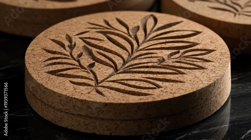 Round Natural Cork Coasters with Intricate Laser Etched Leaf Design for Table Protection