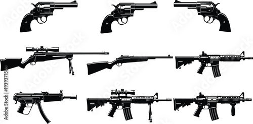 Vector illustration of stylized firearm silhouettes symbolizing design, identity, diversity, culture, tradition, inclusivity, recognition, and education